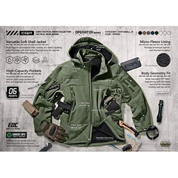 CQR Men's Winter Tactical Military Jackets Lightweight Waterproof Fleece Lined Softshell Hunting Jacket w Hoodie