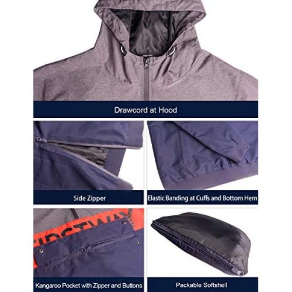 FIRST WAY Men's Pull-over Jacket Windbreaker with Pockets Hoodie Zip Water Resistant Softshell Outdoor Coat