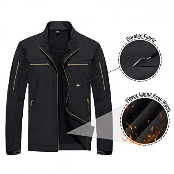 TACVASEN Men's Tactical Jacket Stand Collar Water Resistant Softshell Fleece Liner Jacket Coat with 6 Zipper Pockets