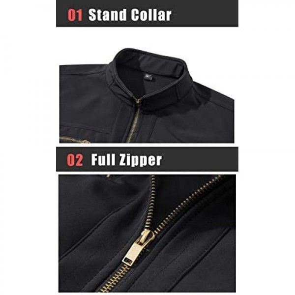 TACVASEN Men's Tactical Jacket Stand Collar Water Resistant Softshell Fleece Liner Jacket Coat with 6 Zipper Pockets