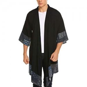 COOFANDY Men's Ruffle Shawl Collar Cotton Cardigan Long Kimono Jackets Open Front Drape Cape Coat