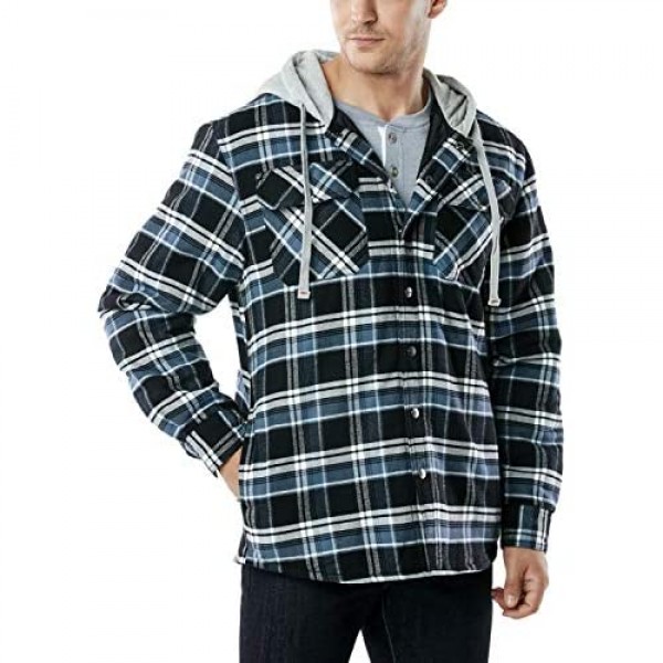 CQR Men’s Hooded Quilted Lined Flannel Shirt Jacket Long Sleeve Plaid Button Up Jackets