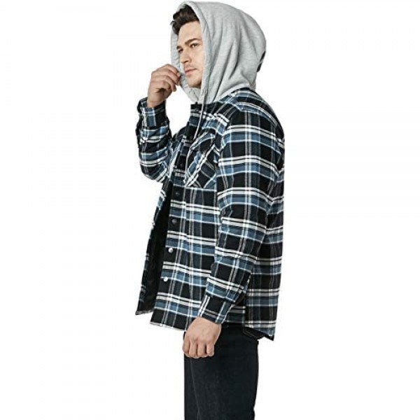 CQR Men’s Hooded Quilted Lined Flannel Shirt Jacket Long Sleeve Plaid Button Up Jackets