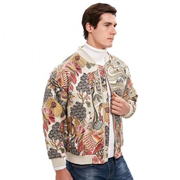 HOOD CREW Men’s Embroidery Stand Collar Zipper Casual Hip hop Stylish Floral Bomber Jacket