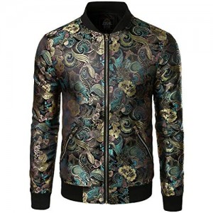 JOGAL Men's Luxury Paisley Floral Embroidered Satin Bomber Jacket