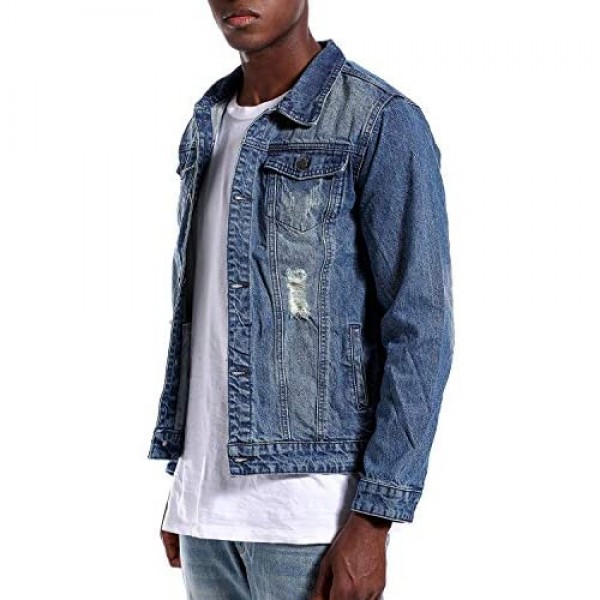 LAMKUKU Mens Denim Jacket Ripped Slim Jean Jacket Coat for Men
