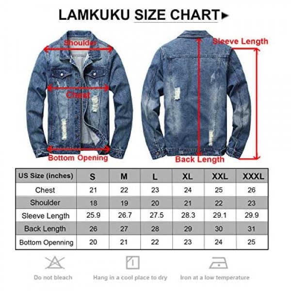 LAMKUKU Mens Denim Jacket Ripped Slim Jean Jacket Coat for Men