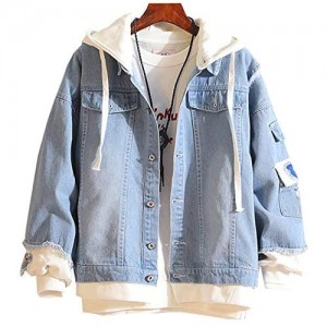 LifeHe Men Denim Jacket With Hoodie With Patches Oversized