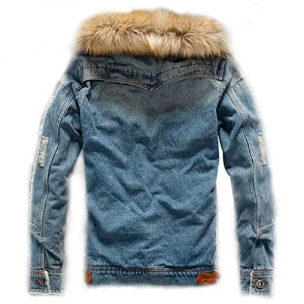 Omoone Men's Faux Fur Collar Sherpa Fleece Lined Distressed Denim Trucker Jacket