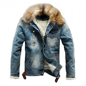 Omoone Men's Faux Fur Collar Sherpa Fleece Lined Distressed Denim Trucker Jacket