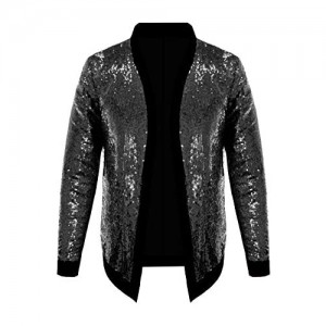 Pacinoble Mens Cardigan All Over Sparkle Sequin Open Front Long Sleeve Jacket with Ribbed Cuffs