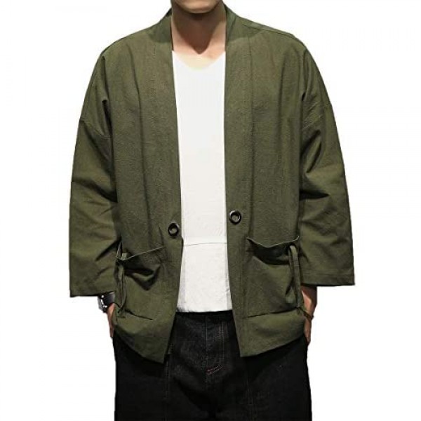 PRIJOUHE Men's Japanese Style Kimono Cardigan Jacket Cotton Blends Linen Seven Sleeves Solid Color Open Front Coat