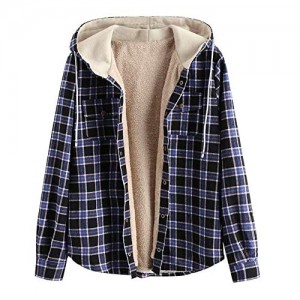 ZAFUL Men's Plaid Flannel Lined Hooded Jacket Long Sleeve Unisex Fuzzy Shirt Coat Tops