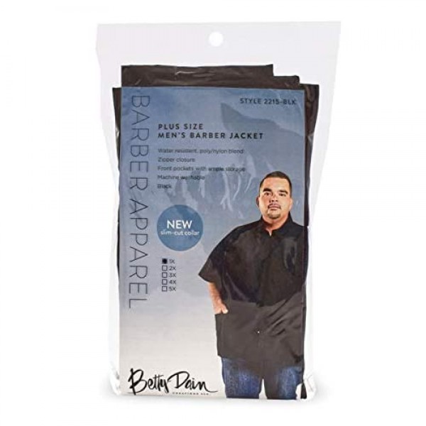 A Size Above Big & Tall Barber Jacket Cut for Fuller Figures Short Sleeve with Zipper Front Left Breast Pocket Plus Two Lower Pockets Lightweight Water Resistant Nylon/Poly Black 4X