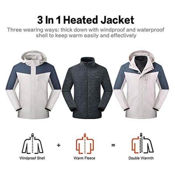 Venustas Men's 3-in-1 Heated Jacket with Battery Pack 5V Ski Jacket Winter Jacket with Removable Hood Waterproof