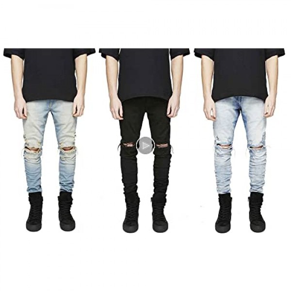 HUNGSON Men's Ripped Slim Fit Skinny Destroyed Distressed Tapered Leg Jeans
