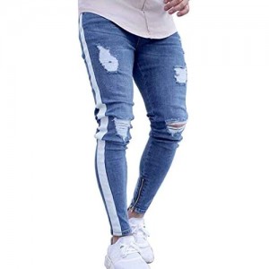 Men's Blue Slim Fit Jeans Stretch Destroyed Ripped Skinny Jeans Side Striped Ankle Zipper Denim Pants