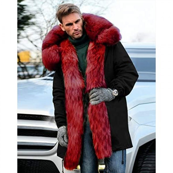 Aofur Mens Winter Warm Thick Faux Fur Slim Trench Coat Long Jacket Parka Hooded Pea Coat Winter Coat S-XXXL