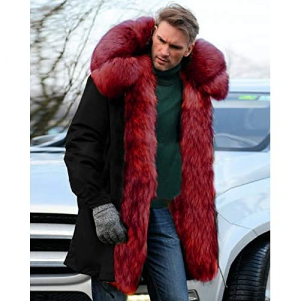 Aofur Mens Winter Warm Thick Faux Fur Slim Trench Coat Long Jacket Parka Hooded Pea Coat Winter Coat S-XXXL