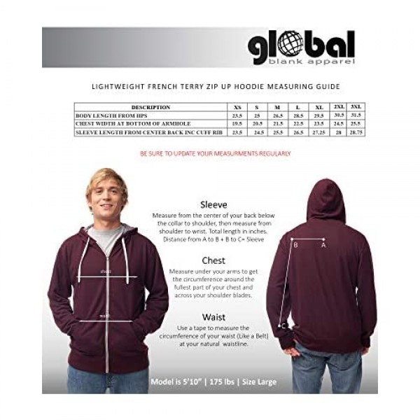 Global Blank Unisex Slim Fit French Terry Lightweight Zip-Up Sweatshirt Hoodie