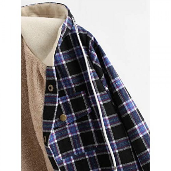 ZAFUL Casual Plaid Fleece Jacket Flannel Lined Unisex Men Drawstring Hooded Fuzzy Hoodie