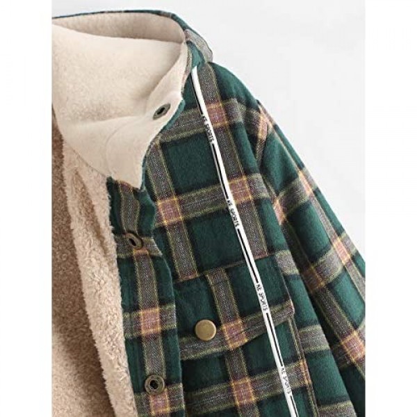 ZAFUL Men’s Plaid Fleece Hooded Jacket Unisex Flannel Lined Long Sleeves Drawstring Fuzzy Hoodie Shirt Coat
