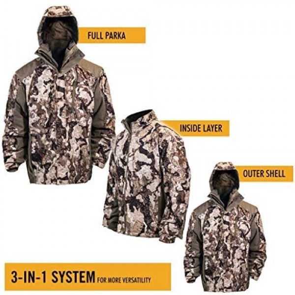HOT SHOT Men’s 3in1 Insulated Camo Hunting Parka Waterproof Removable Hood Year Round Versatility