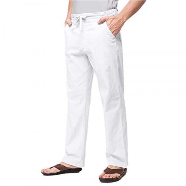 Janmid Men's Linen Pants Casual Elastic Waist Drawstring Yoga Beach Trousers