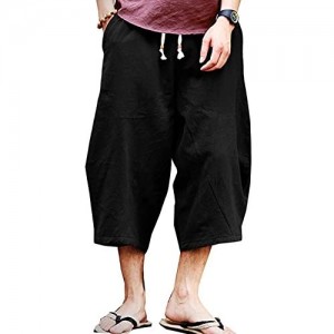 KAMUON Mens Casual Baggy Cotton Linen Pocket Lounge Harem Pants Beach Long Shorts