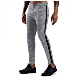 Mens Slim Fit Stretch Flat-Front Skinny Dress Pants Gray Plaid with Tape Side