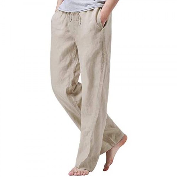 poriff Mens Cotton Linen Pants Elastic Drawstring Waist Lounge Jogger Pants