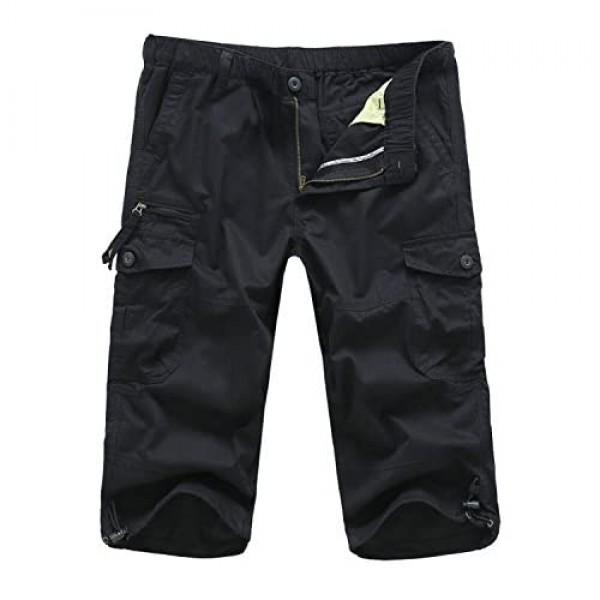 EKLENTSON Men's Casual Twill Elastic Cargo Shorts Below Knee Loose Fit Multi-Pocket Capri Long Shorts