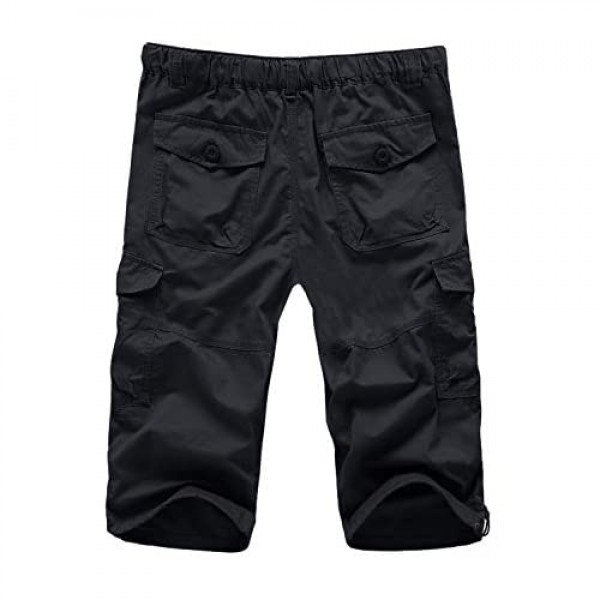 EKLENTSON Men's Casual Twill Elastic Cargo Shorts Below Knee Loose Fit Multi-Pocket Capri Long Shorts