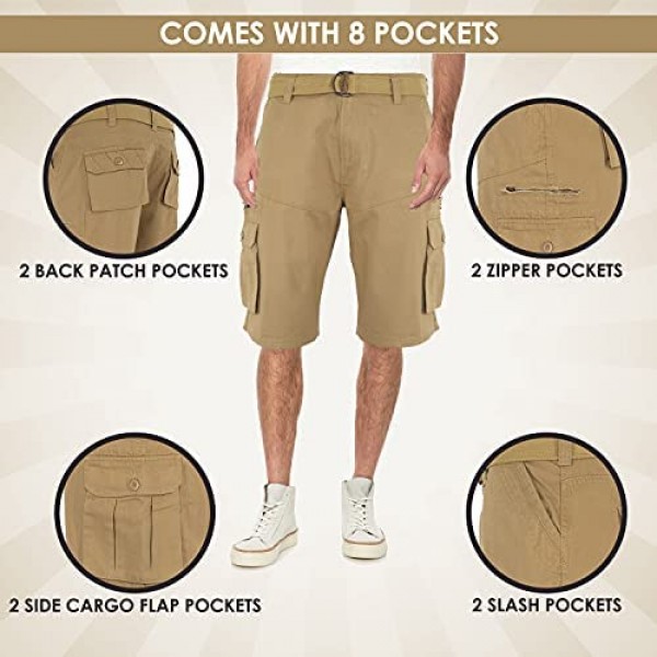 High Energy Cargo Shorts for Men with Adjustable Twill Belt 8 Pockets Summer Hiking Wear