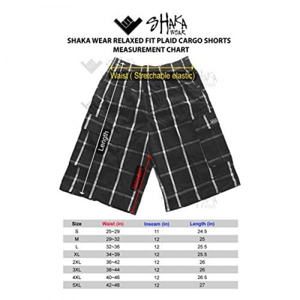 Shaka Wear Men’s Cargo Shorts – Casual Plaid Loose Relaxed Loose Fit Elastic Waist Multi Pocket Pants Regular Big S~5XL