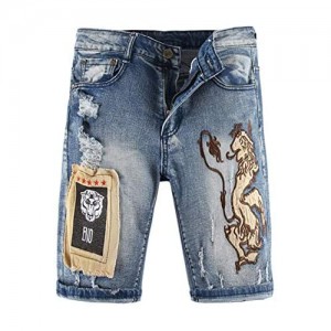 chouyatou Men's Cool Stylish Lion Embroidered Patchwork Ripped Straight Leg Denim Shorts
