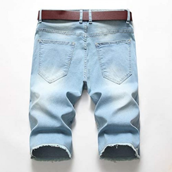 Denim Shorts for Men Summer Vintage Washed Ripped Distressed Straight Fit Knee Length Casual Jean Shorts