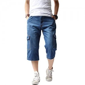 DSDZ Mens Casual Cargo Patchwork Blue Denim Jeans Shorts with Zippers