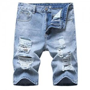 GUNLIRE Men's Summer Ripped Distressed Slim Fit Knee Length Washed Denim Jeans Shorts Denim Blue0035 32
