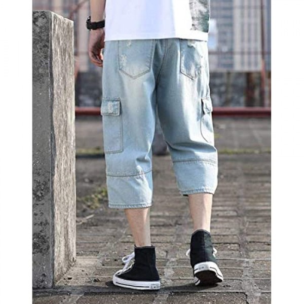 Idopy Men's Loose-Fit Ripped Distressed Hip Hop Capri Jeans Baggy Denim Cargo Shorts