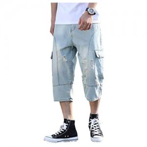 Idopy Men's Loose-Fit Ripped Distressed Hip Hop Capri Jeans Baggy Denim Cargo Shorts