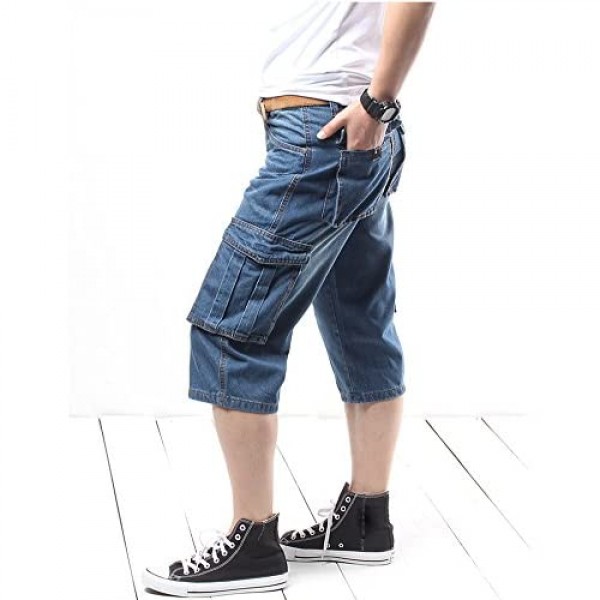 Idopy Men`s Motorcycle Loose Fit Cropped Work Jeans Denim Cargo Shorts