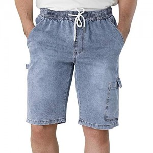 Lars Amadeus Men's Denim Shorts Regular Fit Drawstring Elastic Waist Cargo Jeans Pants