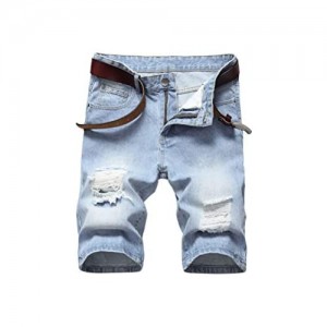 PASOK Men's Casual Denim Shorts Ripped Short Pants Straight Fit Jeans Shorts with Hole