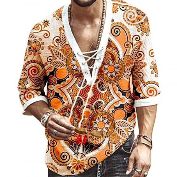 Men's Fashion Shirt Short Sleeve Beach V-Neck Drawstring Printing Yoga African Summer Top