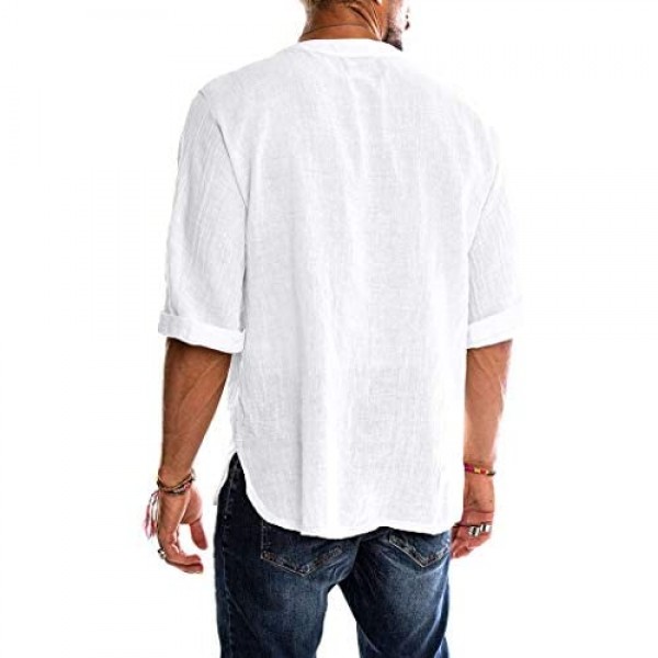 Mens Linen Cotton T Shirt Casual 3/4 Sleeve Beach Hippie Yoga Tees Plain Drawstring Lace-up Summer Tops