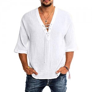 Mens Linen Cotton T Shirt Casual 3/4 Sleeve Beach Hippie Yoga Tees Plain Drawstring Lace-up Summer Tops