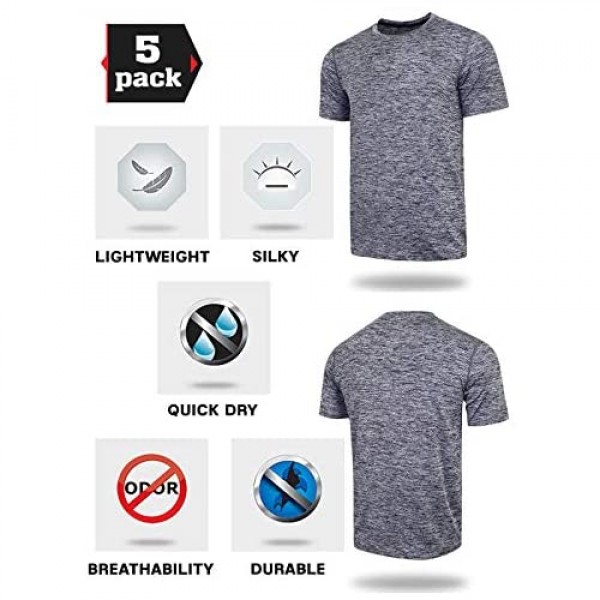 5 Pack Men’s Active Quick Dry Crew Neck T Shirts | Athletic Running Gym Workout Short Sleeve Tee Tops Bulk