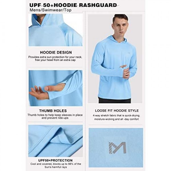 Men's UPF 50+ Sun Protection Hoodie Long Sleeve UV Fishing Shirts Cool Dry Workout T-Shirt Swim Running Hiking