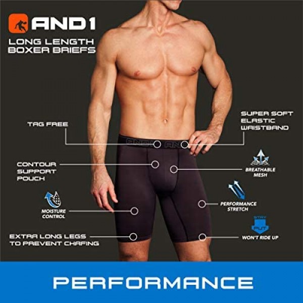 AND1 Men's Compression Long Leg Performance Boxer Briefs (6 Pack)